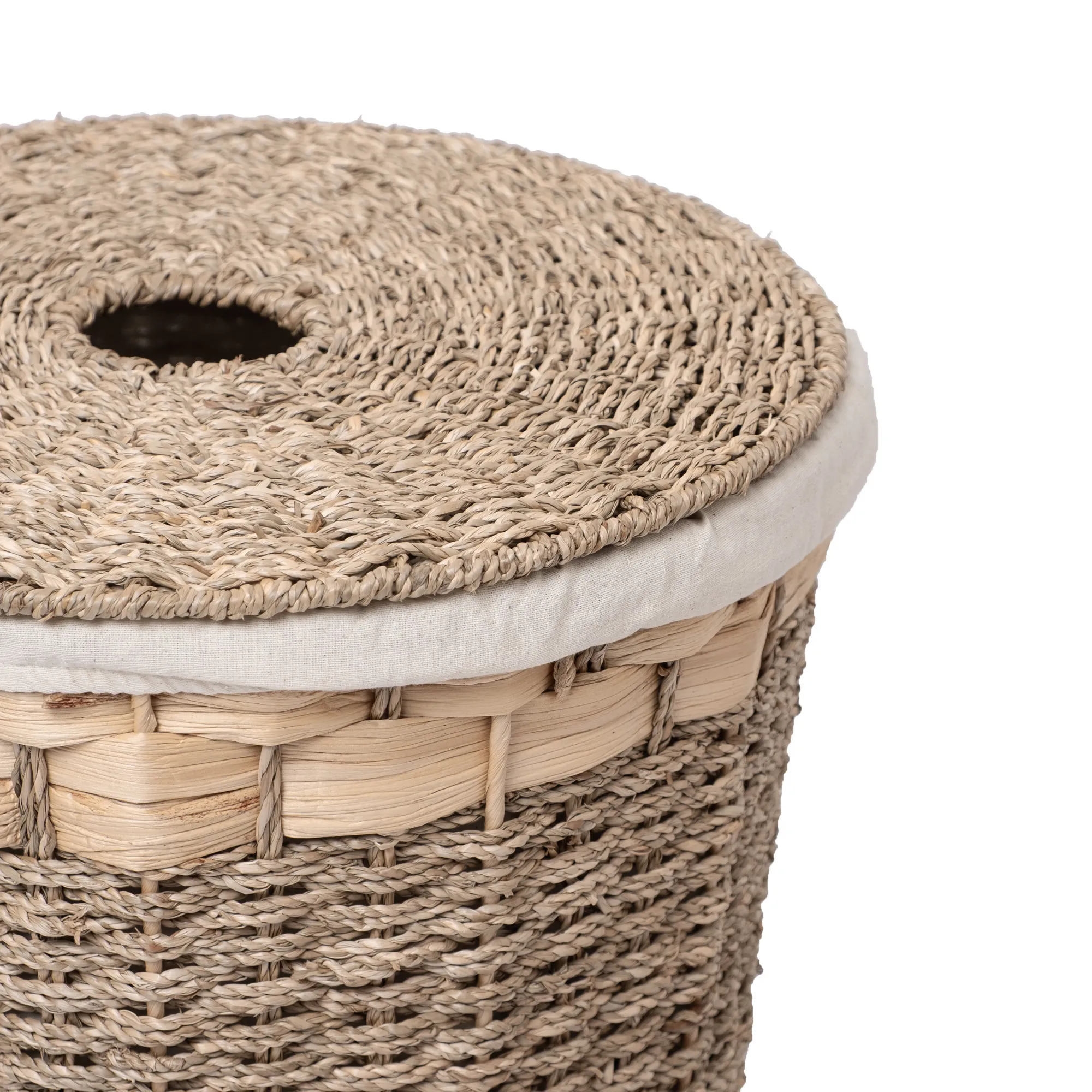 Wholesale Natural Water Hyacinth and Seagrass Mix Lid Laundry Basket with Fabric Liner Wholesale Natural Water Hyacinth and Seagrass Mix Lid Laundry Basket with Fabric Liner