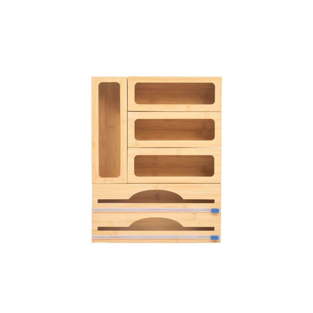 Buy Wholesale Bamboo Foil and Plastic Wrap Organizer for tidy kitchen drawers and food storage bag organization. We welcome bulk orders, OEM/ODM collaborations, and private label projects for retailers, wholesalers, sourcing agents, and HORECA buyers.