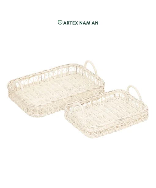 Wholesale Set of 2 Natural Rattan Tray in White for Table Decor and Organization | Handwoven Eco-Friendly Decorative Serving Trays
