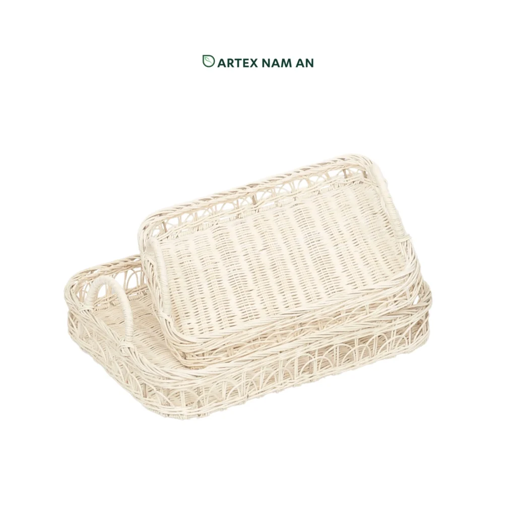 Wholesale Set of 2 Natural Rattan Tray in White for Table Decor and Organization | Handwoven Eco-Friendly Decorative Serving Trays