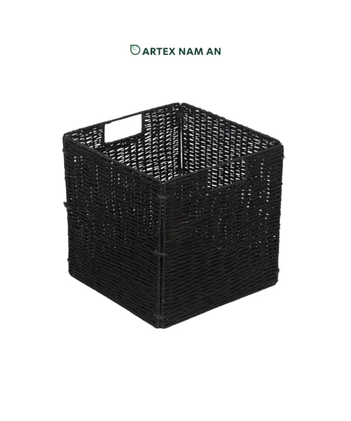 Wholesale Rattan Foldable Cube Storage Basket in black for Ikea Kallax shelves and office, kitchen, bathroom organization. Modern look, collapsible design and low MOQ for retailers, wholesalers, sourcing agents and HORECA buyers.