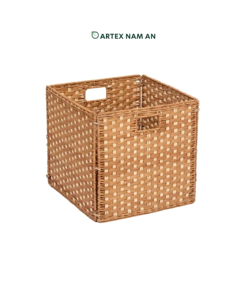 Wholesale Sustainable Rattan Foldable Cube Storage Basket for Ikea Kallax shelves and modern storage organization. Natural, space saving design with low MOQ for retailers, wholesalers, sourcing agents and HORECA buyers. OEM/ODM and private label available.