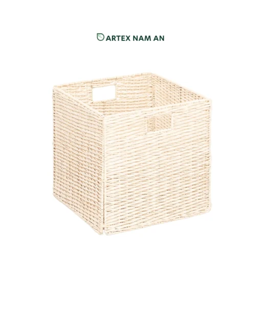 Wholesale Rattan Sustainable Folding Storage Bin in off white for clutter free storage on Ikea Kallax shelves and in office, kitchen and bathroom spaces. Low MOQ for retailers, wholesalers, sourcing agents and HORECA buyers.