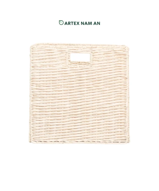 Wholesale Rattan Sustainable Folding Storage Bin in off white for clutter free storage on Ikea Kallax shelves and in office, kitchen and bathroom spaces. Low MOQ for retailers, wholesalers, sourcing agents and HORECA buyers.