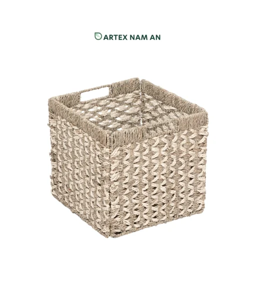 Wholesale Seagrass with Palm leaf Foldable Cube Basket with unique weaving details for storage and office organization, ideal for Kallax shelves and cottage farmhouse décor. We welcome bulk orders, OEM/ODM collaborations, and private label projects for retailers, wholesalers, sourcing agents, and HORECA buyers.