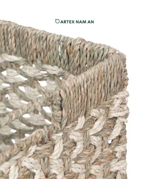 Wholesale Seagrass with Palm leaf Foldable Cube Basket with unique weaving details for storage and office organization, ideal for Kallax shelves and cottage farmhouse décor. We welcome bulk orders, OEM/ODM collaborations, and private label projects for retailers, wholesalers, sourcing agents, and HORECA buyers.