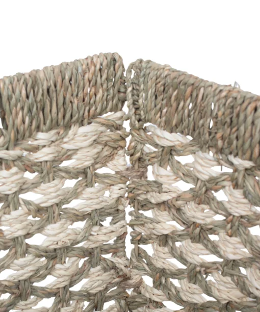 Wholesale Seagrass with Palm leaf Foldable Cube Basket with unique weaving details for storage and office organization, ideal for Kallax shelves and cottage farmhouse décor. We welcome bulk orders, OEM/ODM collaborations, and private label projects for retailers, wholesalers, sourcing agents, and HORECA buyers.