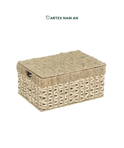 Whole sale Set of 3 Seagrass with Palm leaf Stackable Storage box with lid for stylish storage, laundry and toy organization in farmhouse, contemporary and bohemian interiors. We welcome bulk orders, OEM/ODM collaborations and private label projects for retailers, wholesalers, sourcing agents and HORECA buyers.