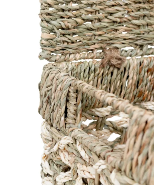 Whole sale Set of 3 Seagrass with Palm leaf Stackable Storage box with lid for stylish storage, laundry and toy organization in farmhouse, contemporary and bohemian interiors. We welcome bulk orders, OEM/ODM collaborations and private label projects for retailers, wholesalers, sourcing agents and HORECA buyers.