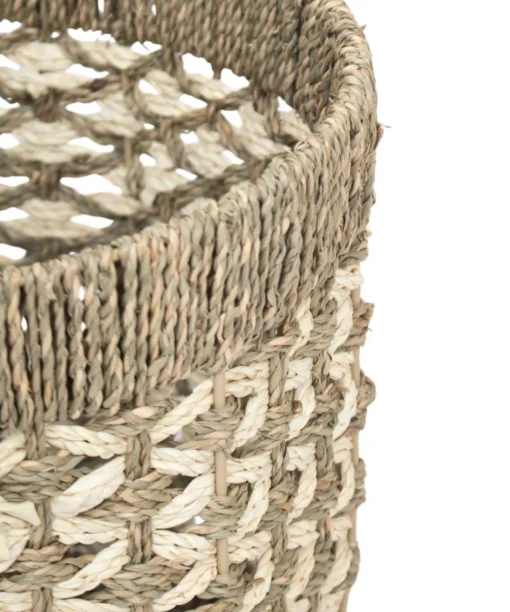 Whole Sale Set of 2 Seagrass with Palm leaf Planter, Flower pot with beautiful decorative details for home styling, indoor gardens and wedding décor. Ideal for farmhouse, contemporary and bohemian interiors. We welcome bulk orders, OEM/ODM collaborations and private label projects for retailers, wholesalers, sourcing agents and HORECA buyers.