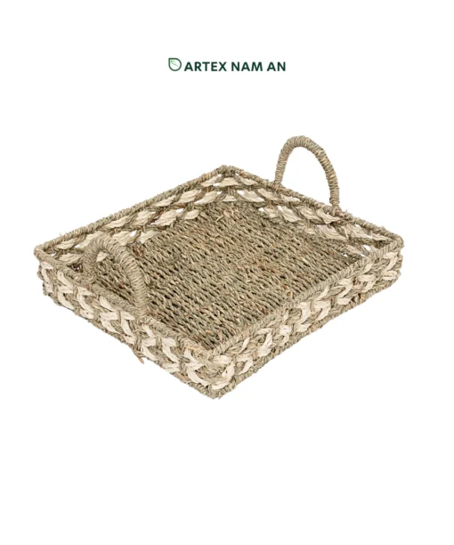 Wholesale Seagrass with Palm leaf Storage tray with decorative details for kitchen and living room organization. Ideal for farmhouse, contemporary and bohemian décor. We welcome bulk orders, OEM or ODM collaborations, and private label projects for retailers, wholesalers, sourcing agents, and HORECA buyers.