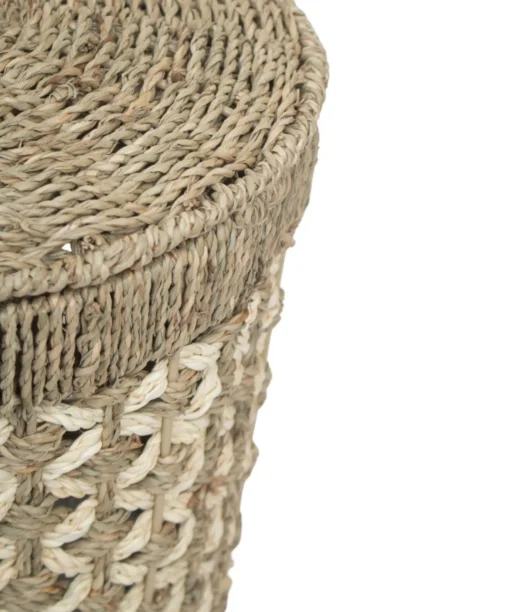 Wholesale Seagrass with Palm leaf Storage bin basket for toy storage, trash basket and everyday home organization in farmhouse and bohemian interiors. We welcome bulk orders, OEM/ODM collaborations and private label projects for retailers, wholesalers, sourcing agents and HORECA buyers.