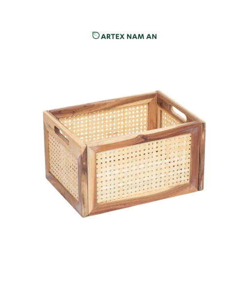 Wholesale Acacia wood foldable storage basket bin with woven bamboo detail in natural color, ideal for Ikea Kallax shelves and office, kitchen and bathroom organization. We welcome bulk orders, OEM/ODM collaborations, and private label projects for retailers, wholesalers, sourcing agents and HORECA buyers.