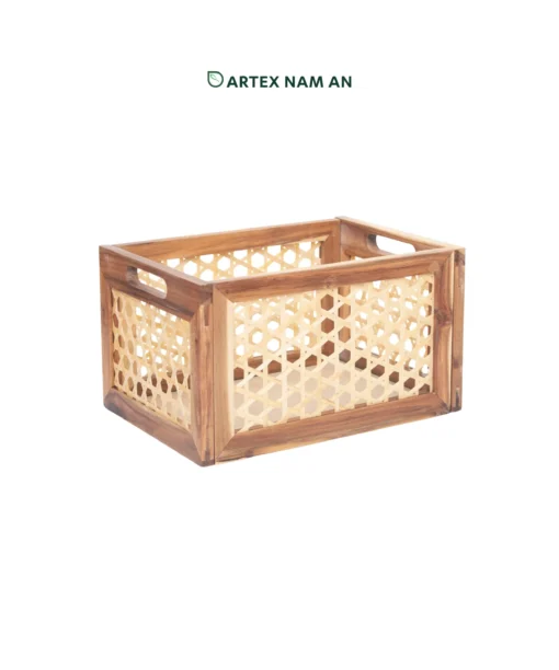 Wholesale Acacia wood collapsible storage basket with woven bamboo detail in natural color, ideal for Ikea Kallax shelves and office, kitchen, bathroom organization. We welcome bulk orders, OEM/ODM collaborations and private label projects for retailers, wholesalers, sourcing agents and HORECA buyers.