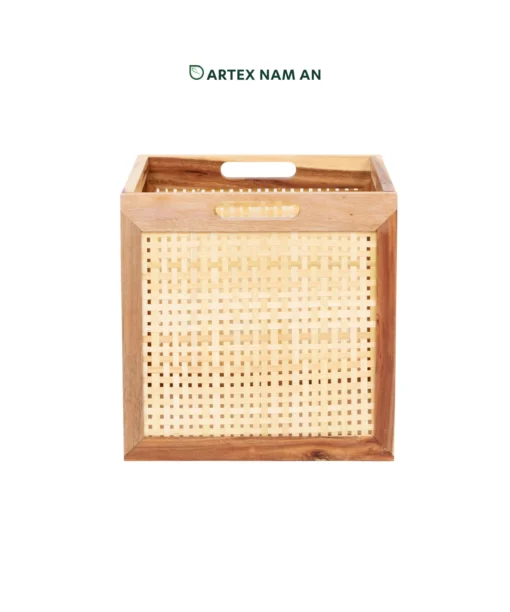 Wholesale Space Saving Acacia wood folding basket with mesh detail, FSC certified, ideal for Ikea Kallax shelves and office, kitchen or bathroom organization. We welcome bulk orders, OEM/ODM collaborations, and private label projects for retailers, wholesalers, sourcing agents, and HORECA buyers.