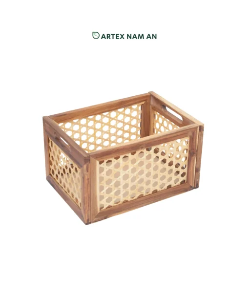 Wholesale Acacia wood collapsible storage basket with woven bamboo detail in natural color, ideal for Ikea Kallax shelves and office, kitchen, bathroom organization. We welcome bulk orders, OEM/ODM collaborations and private label projects for retailers, wholesalers, sourcing agents and HORECA buyers.