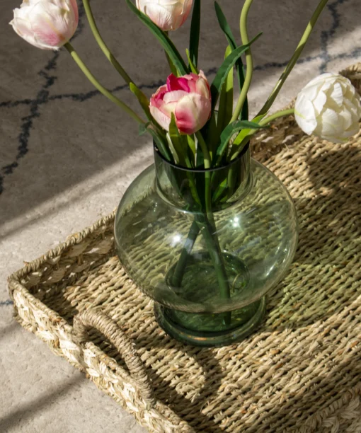 Wholesale Seagrass with Palm leaf Storage tray with decorative details for kitchen and living room organization. Ideal for farmhouse, contemporary and bohemian décor. We welcome bulk orders, OEM or ODM collaborations, and private label projects for retailers, wholesalers, sourcing agents, and HORECA buyers.