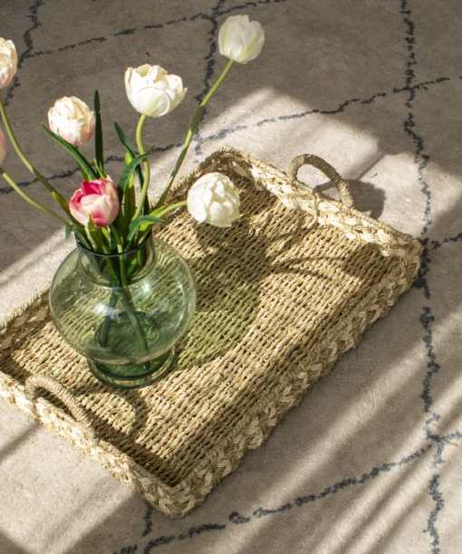 Wholesale Seagrass with Palm leaf Storage tray with decorative details for kitchen and living room organization. Ideal for farmhouse, contemporary and bohemian décor. We welcome bulk orders, OEM or ODM collaborations, and private label projects for retailers, wholesalers, sourcing agents, and HORECA buyers.