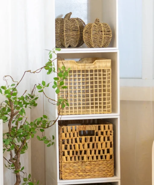 Wholesale Modern Rattan Storage Cube Basket in off white for Ikea Kallax shelves and general storage organization in home, office and HORECA spaces. Low MOQ, ideal for retailers, wholesalers, sourcing agents and décor buyers.