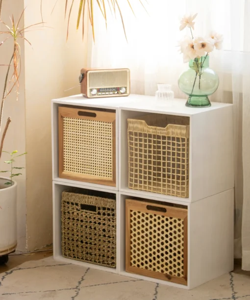 Wholesale Modern Rattan Folding Storage Cube Basket in off white for clutter free storage on Ikea Kallax shelves and in office, kitchen and bathroom spaces. Low MOQ with options for OEM/ODM and private label for retailers, wholesalers, sourcing agents and HORECA buyers.