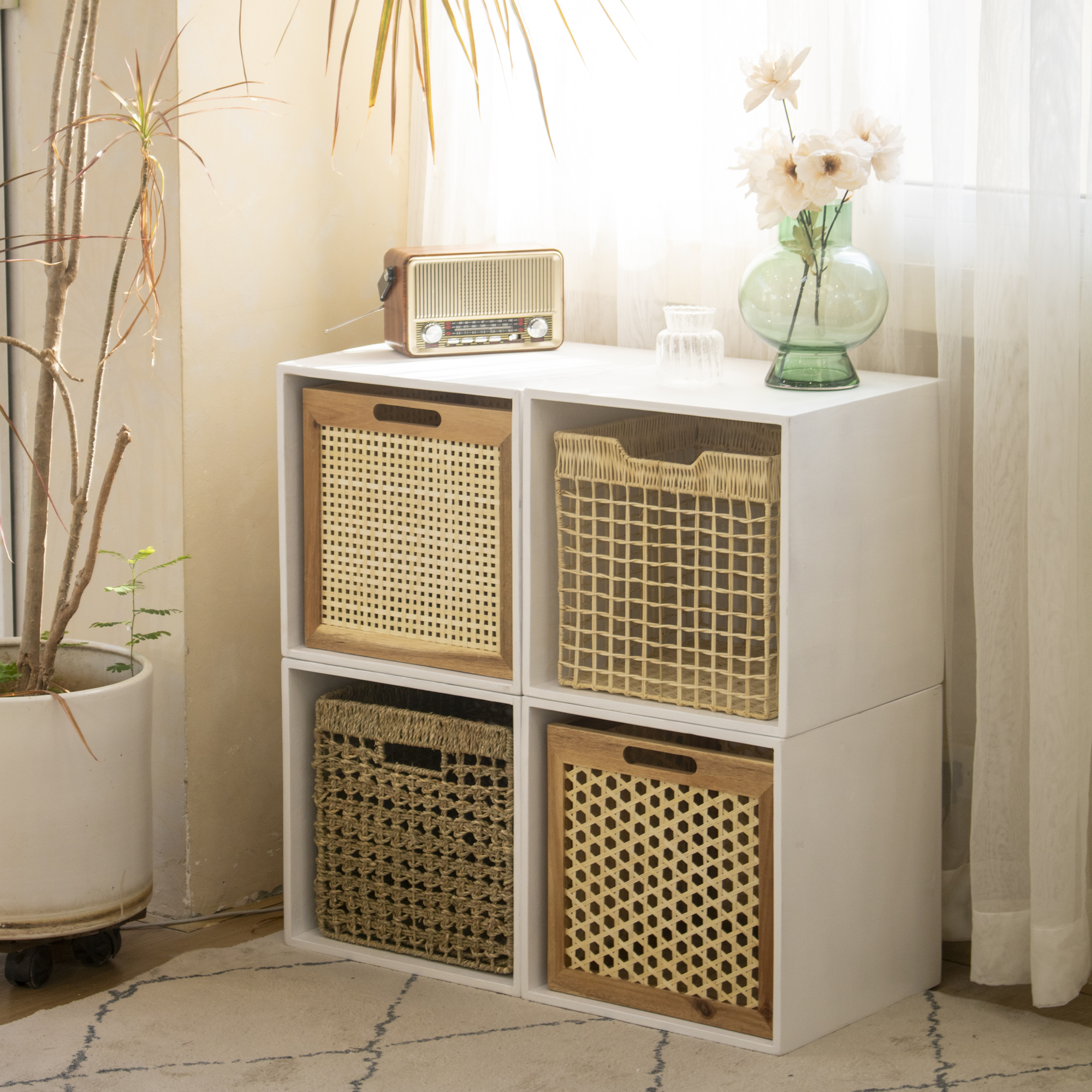 Wholesale Modern Rattan Storage Cube Basket in off white for Ikea Kallax shelves and general storage organization in home, office and HORECA spaces. Low MOQ, ideal for retailers, wholesalers, sourcing agents and décor buyers.