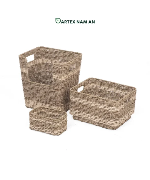 Wholesale Storage Basket stacked set made from natural seagrass and palm leaf for home, office, HORECA and retail organization. Ideal for contemporary, modern, coastal and boho chic interiors. We welcome bulk orders, OEM/ODM collaborations and private label projects for retailers, wholesalers, sourcing agents and hospitality buyers.