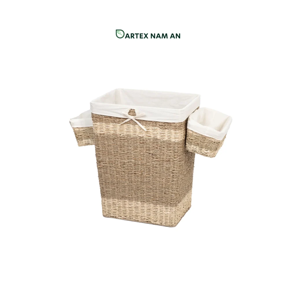 Wholesale Laundry Basket made from natural seagrass and palm leaf with detachable hanging caddy for home, office and HORECA organization. Fits contemporary, coastal, modern and boho chic interiors. We welcome bulk orders, OEM/ODM collaborations and private label projects for retailers, wholesalers, sourcing agents and hospitality buyers.