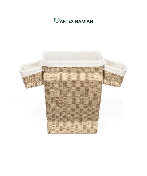 Wholesale Laundry Basket made from natural seagrass and palm leaf with detachable hanging caddy for home, office and HORECA organization. Fits contemporary, coastal, modern and boho chic interiors. We welcome bulk orders, OEM/ODM collaborations and private label projects for retailers, wholesalers, sourcing agents and hospitality buyers.