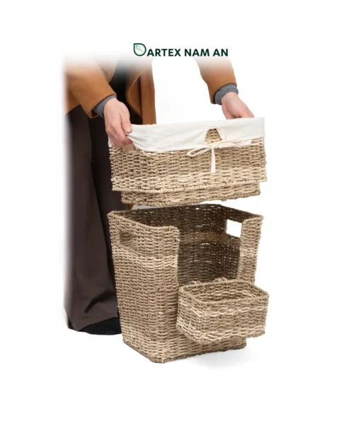 Wholesale Storage Basket stacked set made from natural seagrass and palm leaf for home, office, HORECA and retail organization. Ideal for contemporary, modern, coastal and boho chic interiors. We welcome bulk orders, OEM/ODM collaborations and private label projects for retailers, wholesalers, sourcing agents and hospitality buyers.