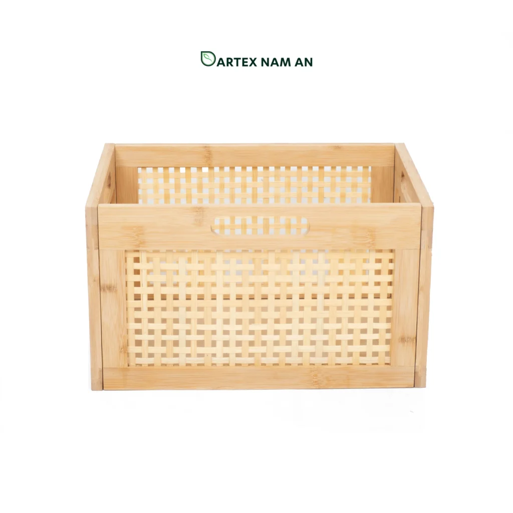 Optimize freight margins with our rectangular Wholesale Storage Basket. Features a flat-pack knock-down design, open-square woven bamboo panels, and multi-directional 4-way handles. Ideal for HORECA utilities, office organization, and home retail shelves. Bulk ready.