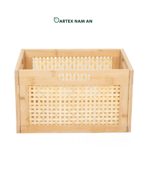 Optimize freight margins with our rectangular Wholesale Storage Basket. Features a flat-pack knock-down design, open-square woven bamboo panels, and multi-directional 4-way handles. Ideal for HORECA utilities, office organization, and home retail shelves. Bulk ready.