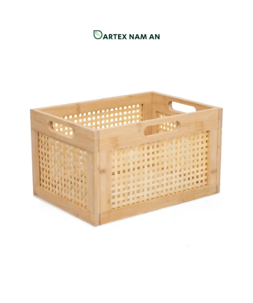 Optimize freight margins with our rectangular Wholesale Storage Basket. Features a flat-pack knock-down design, open-square woven bamboo panels, and multi-directional 4-way handles. Ideal for HORECA utilities, office organization, and home retail shelves. Bulk ready.
