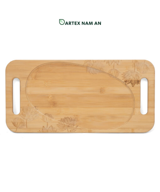 Expand your catalog with our premium natural bamboo Wholesale Serving Tray. Features dual cut-out handles, artistic floral engravings, and an asymmetrical groove. Ideal for HORECA, corporate events, and Japandi-style retail. Durable, sustainable, and ready for bulk sourcing.