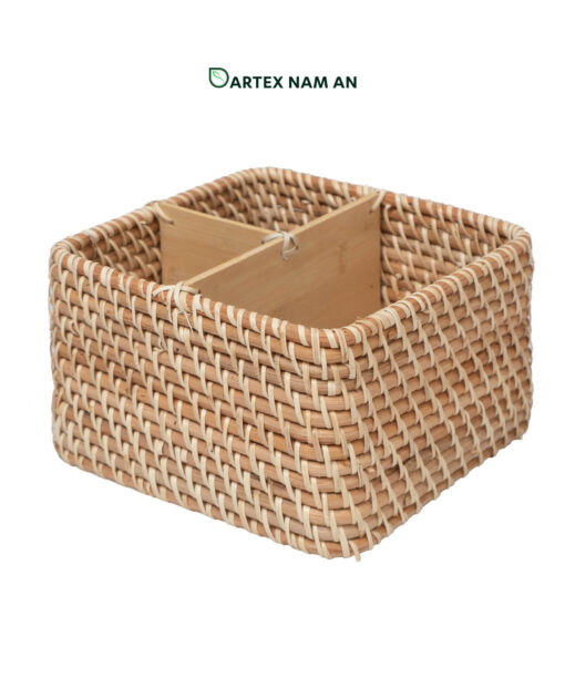 Expand your catalog with our 3-compartment square Wholesale Rattan Basket. Hand-woven from natural rattan with sturdy bamboo dividers. Perfect as a restaurant cutlery holder, office desk organizer, or home vanity caddy. Complements Japandi and Minimalist styles. Bulk sourcing ready.