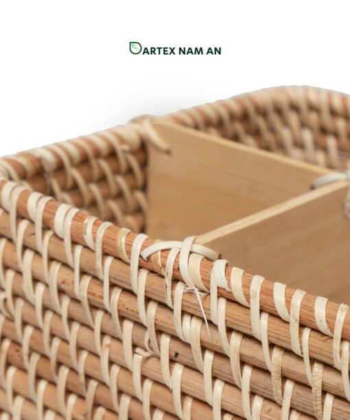 Expand your catalog with our 3-compartment square Wholesale Rattan Basket. Hand-woven from natural rattan with sturdy bamboo dividers. Perfect as a restaurant cutlery holder, office desk organizer, or home vanity caddy. Complements Japandi and Minimalist styles. Bulk sourcing ready.