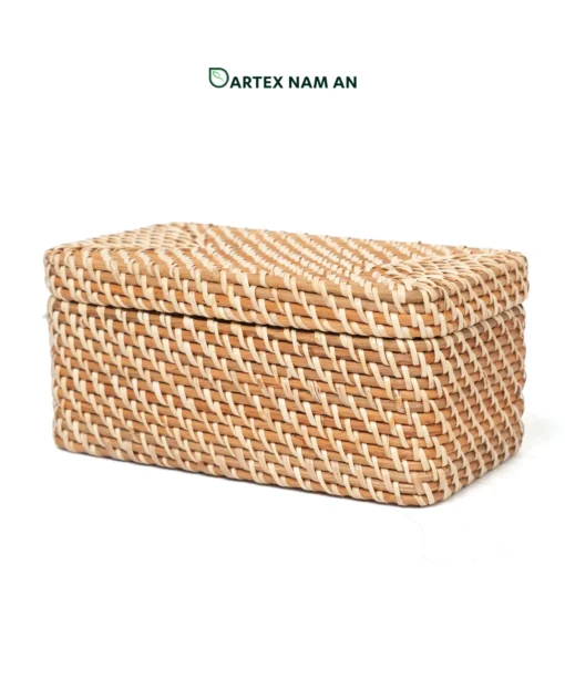 Discover our premium rectangular Wholesale Rattan Basket with a matching secure lid. Hand-woven from natural rattan and bamboo. Perfect for HORECA guest amenities, office organization, and retail home collections. Complements Japandi, Scandinavian, and Minimalist interior styles. Bulk trade pricing available.