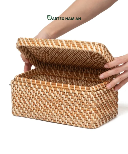 Discover our premium rectangular Wholesale Rattan Basket with a matching secure lid. Hand-woven from natural rattan and bamboo. Perfect for HORECA guest amenities, office organization, and retail home collections. Complements Japandi, Scandinavian, and Minimalist interior styles. Bulk trade pricing available.