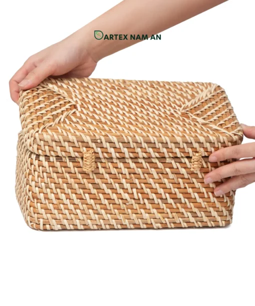 Discover our premium rectangular Wholesale Rattan Basket with a matching secure lid. Hand-woven from natural rattan and bamboo. Perfect for HORECA guest amenities, office organization, and retail home collections. Complements Japandi, Scandinavian, and Minimalist interior styles. Bulk trade pricing available.