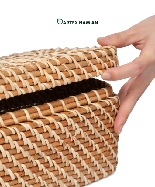 Discover our premium rectangular Wholesale Rattan Basket with a matching secure lid. Hand-woven from natural rattan and bamboo. Perfect for HORECA guest amenities, office organization, and retail home collections. Complements Japandi, Scandinavian, and Minimalist interior styles. Bulk trade pricing available.