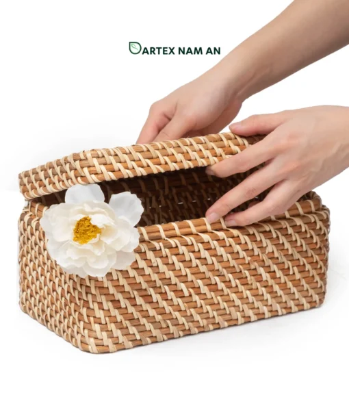 Discover our premium rectangular Wholesale Rattan Basket with a matching secure lid. Hand-woven from natural rattan and bamboo. Perfect for HORECA guest amenities, office organization, and retail home collections. Complements Japandi, Scandinavian, and Minimalist interior styles. Bulk trade pricing available.