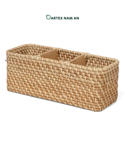 Discover our premium 3-compartment Wholesale Rattan Basket. Hand-woven from natural rattan with sturdy bamboo dividers. Ideal as a restaurant cutlery holder, office desk organizer, or home vanity caddy. Complements Japandi and Minimalist styles. Bulk sourcing ready.