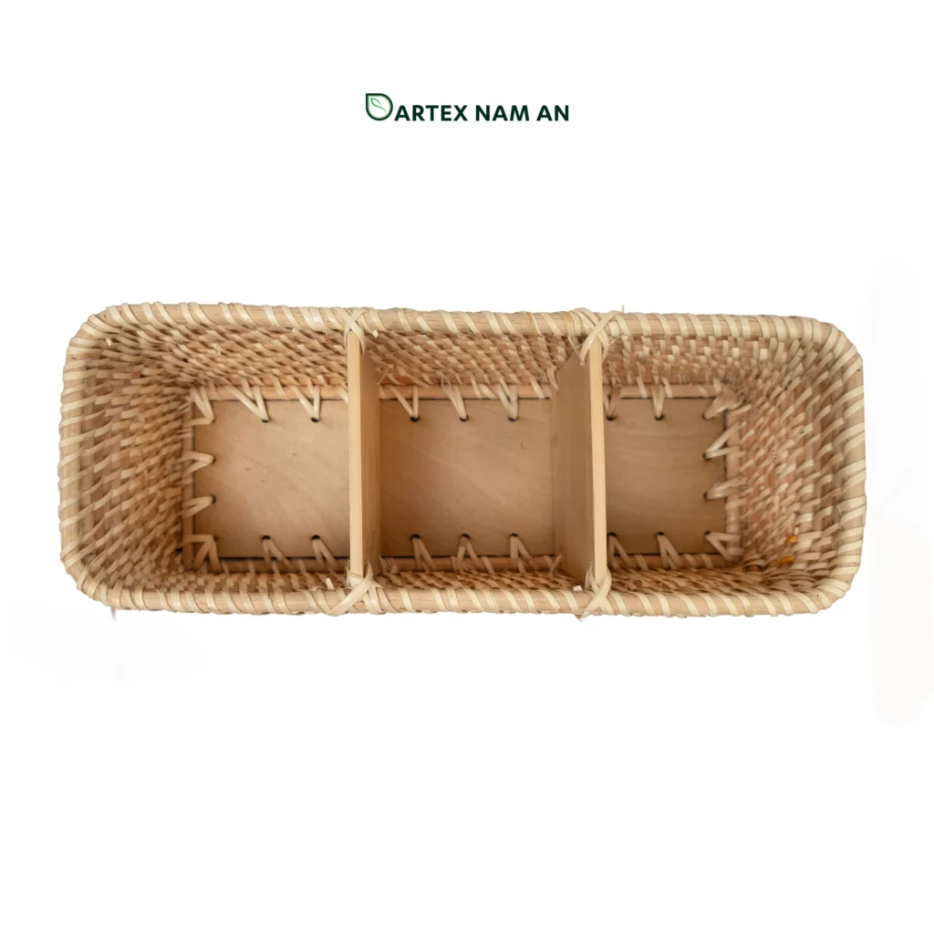 Discover our premium 3-compartment Wholesale Rattan Basket. Hand-woven from natural rattan with sturdy bamboo dividers. Ideal as a restaurant cutlery holder, office desk organizer, or home vanity caddy. Complements Japandi and Minimalist styles. Bulk sourcing ready.