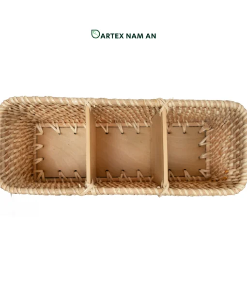 Discover our premium 3-compartment Wholesale Rattan Basket. Hand-woven from natural rattan with sturdy bamboo dividers. Ideal as a restaurant cutlery holder, office desk organizer, or home vanity caddy. Complements Japandi and Minimalist styles. Bulk sourcing ready.