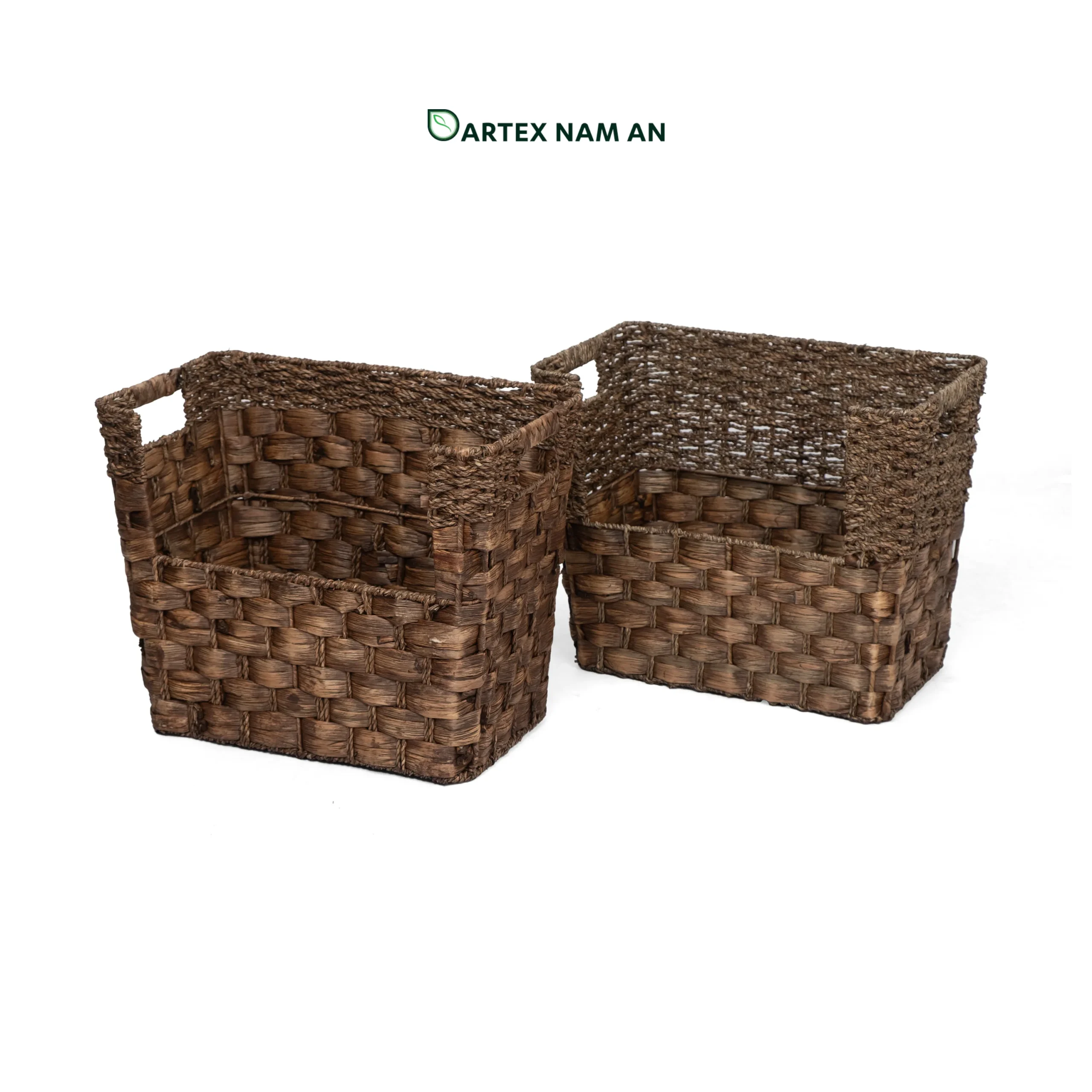 Stackable Seagrass and Water Hyacinth Wholesale Storage Basket for HORECA, Office, and Home Retail Optimize vertical shelf space with our stackable Wholesale Storage Basket. Handwoven from dark brown seagrass and water hyacinth with an accessible front-loading scoop design. Ideal for HORECA amenities, modern office sorting, and retail display. Bulk ready.