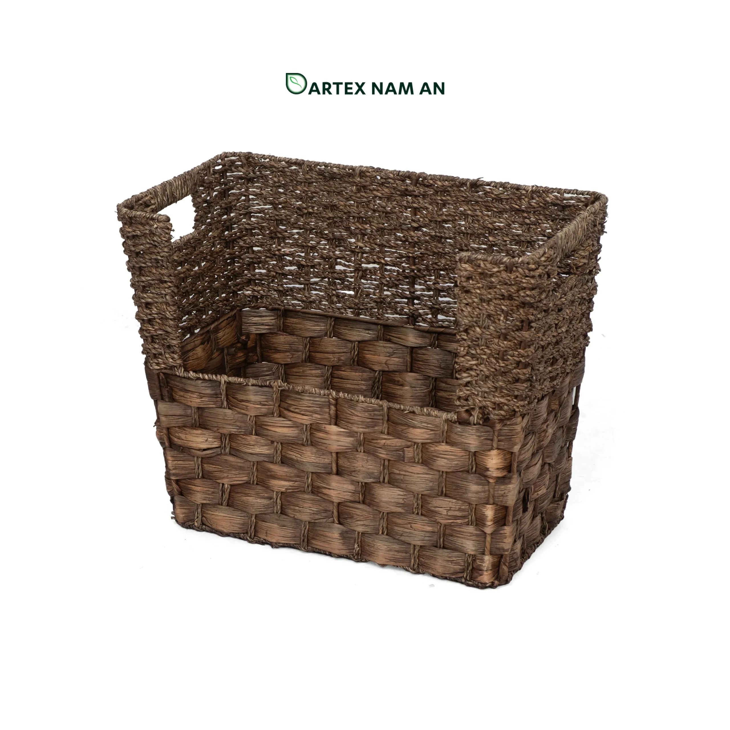 Stackable Seagrass and Water Hyacinth Wholesale Storage Basket for HORECA, Office, and Home Retail Optimize vertical shelf space with our stackable Wholesale Storage Basket. Handwoven from dark brown seagrass and water hyacinth with an accessible front-loading scoop design. Ideal for HORECA amenities, modern office sorting, and retail display. Bulk ready.