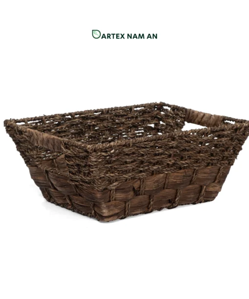 Maximize organizational style with our tapered Wholesale Storage Basket. Handwoven from dark brown seagrass and water hyacinth. Perfect for HORECA room amenities, modern office shelves, and lifestyle retail. Nested design reduces shipping volumes. Bulk ready.