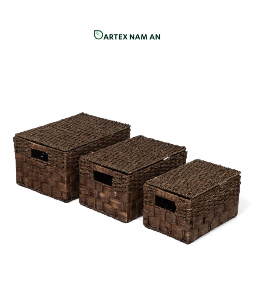 Expand your inventory with our premium 3-piece lidded Wholesale Storage Basket set. Handwoven from natural seagrass and water hyacinth with a rich dark brown finish. Ideal for HORECA amenities, office organization, and minimalist retail displays. Space-saving nesting design. Bulk ready.