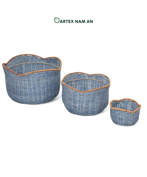 Expand your collection with our premium Wholesale Rattan Planter set of 3 nesting baskets. Featuring a distinctive slate blue dyed finish and an organic scalloped natural rim. Perfect for indoor gardens, boutique hotel lobbies, contemporary offices, and lifestyle retail. Durable, stackable, and bulk-ready.