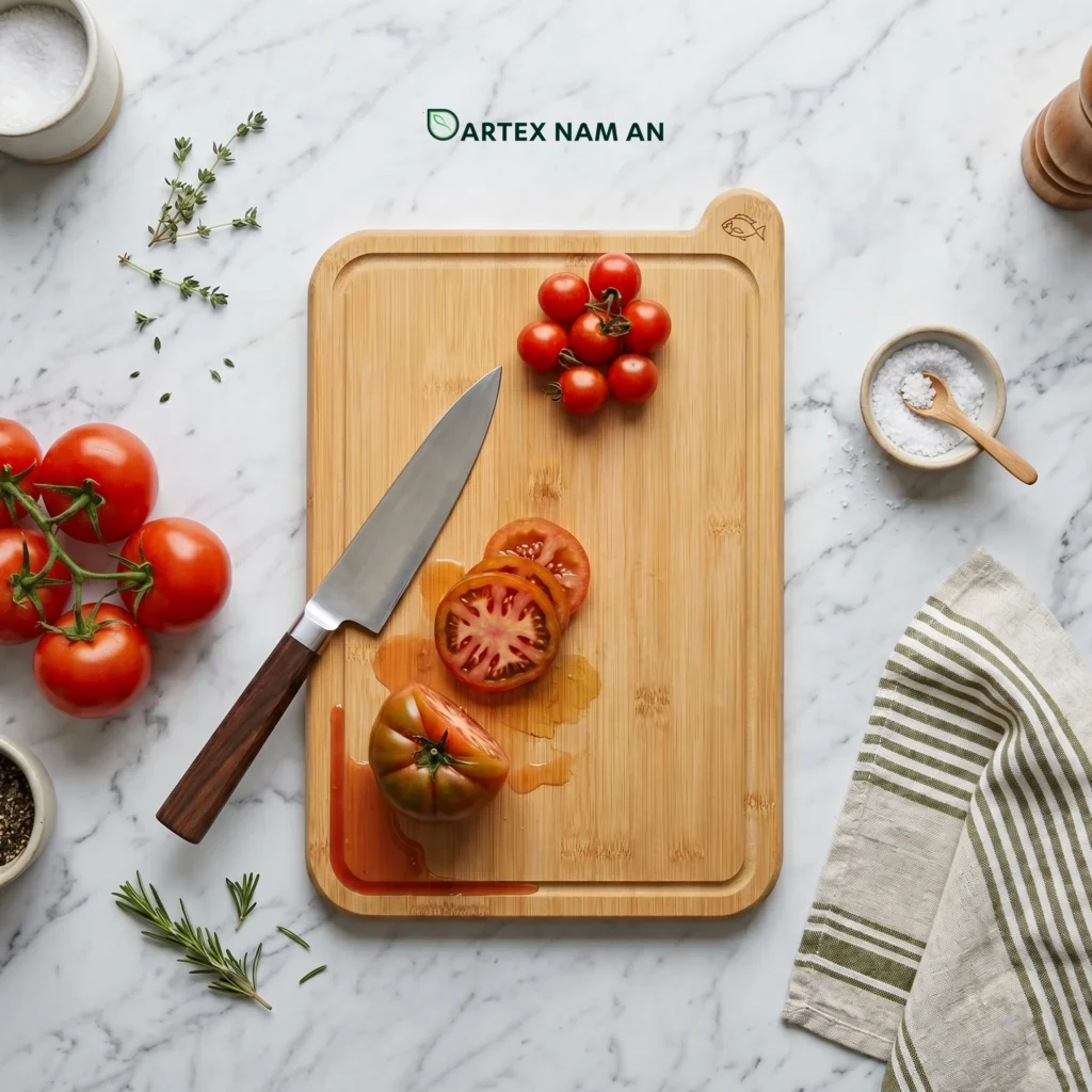 Streamline kitchen safety with our Wholesale Cutting Board made from 100% natural bamboo. Features a specific fish-index tab for cross-contamination prevention and a perimeter juice groove. Ideal for HORECA, eco-friendly retailers, and modern office pantries. Durable, antimicrobial, and bulk-ready.