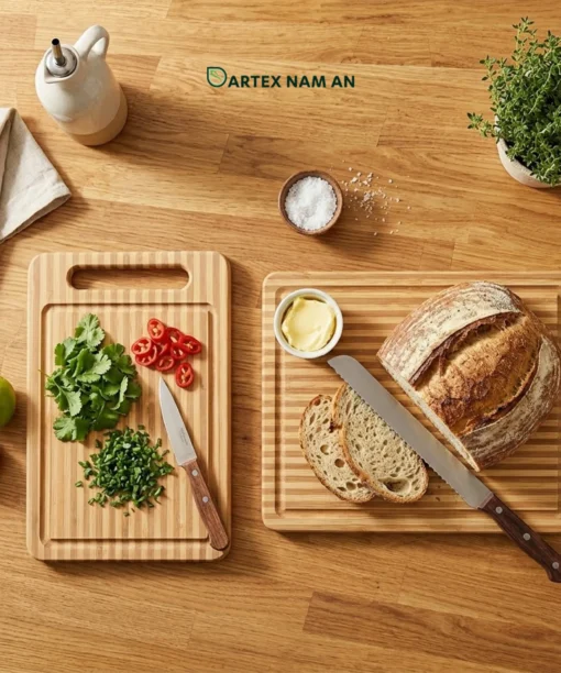 High-quality Wholesale Cutting Board crafted from sustainable natural bamboo. Features a unique striped two-tone design, juice grooves, and easy-grip handles. Ideal for Minimalism and Japandi interiors. Perfect for HORECA, retailers, and sourcing companies. Bulk pricing available.